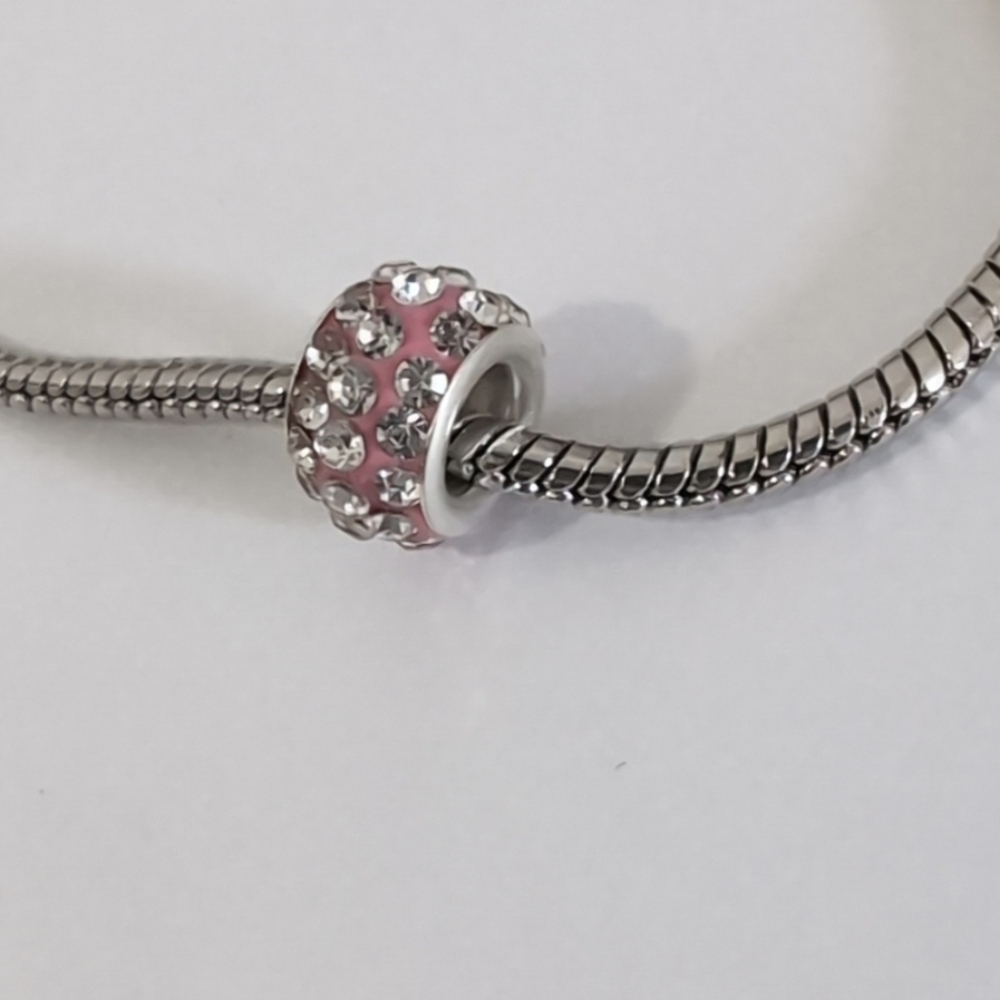 Silver Pink with Silver Rhinestones Charm for Pandora Style Bracelet